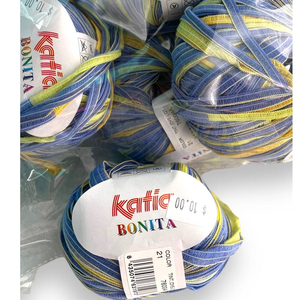 5 Skeins Katia BONITA Ribbon Yarn | Color #21 Blue, Green, Yellow - Picture 2 of 6